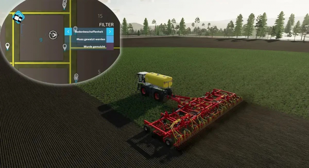 Farming Simulator 25 mod: tractor with red seeder attached working on a farm field, showing the Saddle Trac 4200 Saat Pack v1.0.0.1.