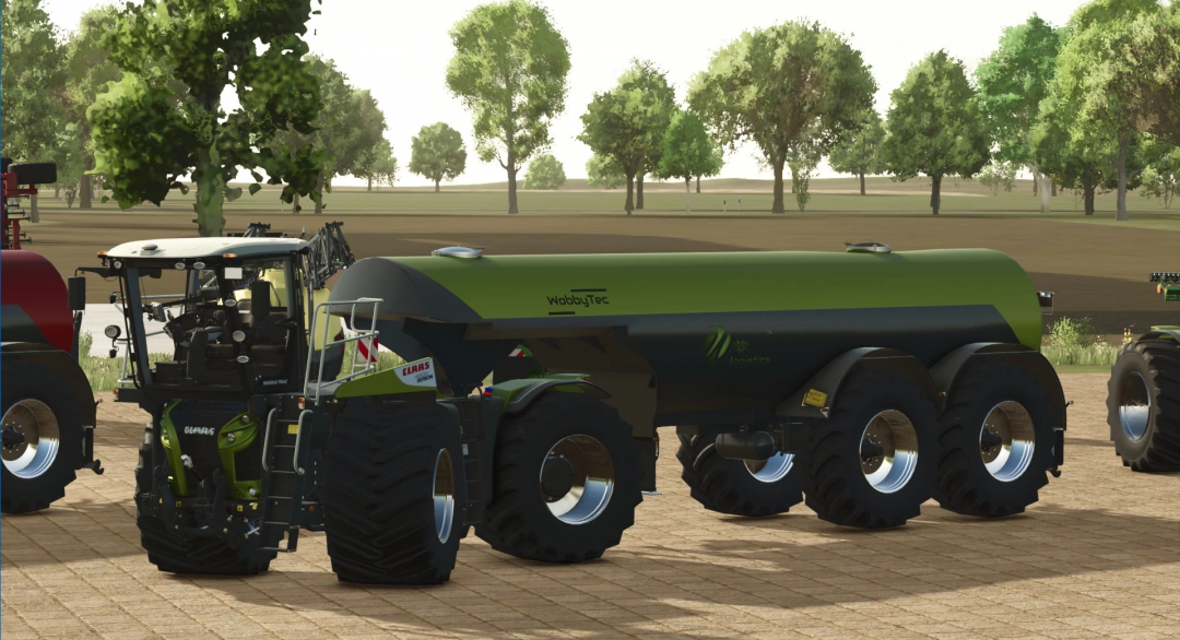 Farming Simulator 25 mods: WobbyTec liquid shuttle tanks all-rounder tractor with large tires and storage tank on a farm.