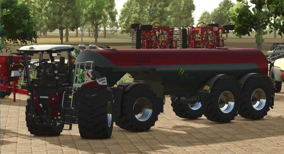 Farming Simulator 25 mods: WobbyTec SaddleTrac Liquid Shuttle Tanks AllRounder V1.0.0.1, a detailed liquid fertilizer tanker with large tires, on a farm.