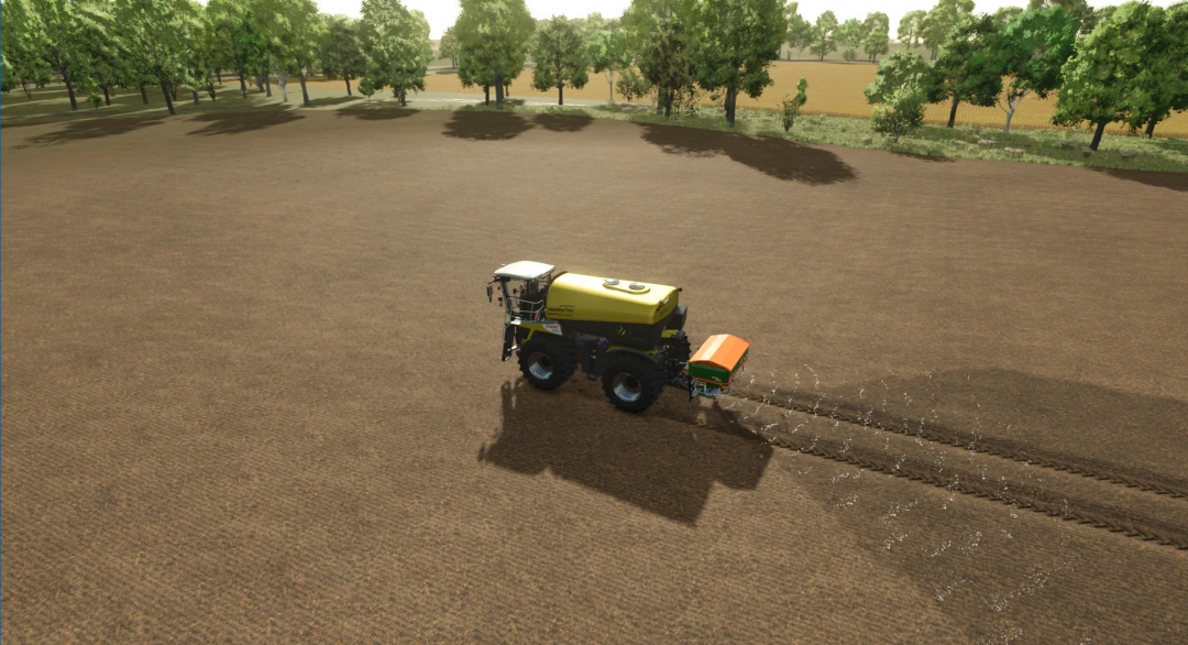 Farming Simulator 25 mod: WobbyTec SaddleTrac Liquid Shuttle Tanks all-rounder spraying fertilizer in a field.