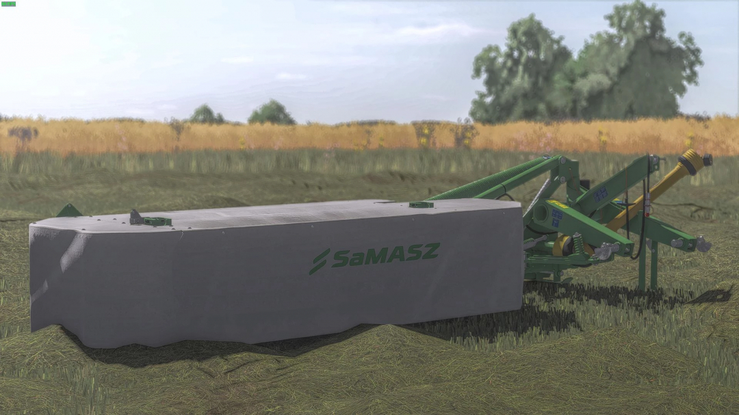 Farming Simulator 25 mods: Samasz Samba 200 v1.0.0.0 attached in a field, ready for crop harvesting in FS25.