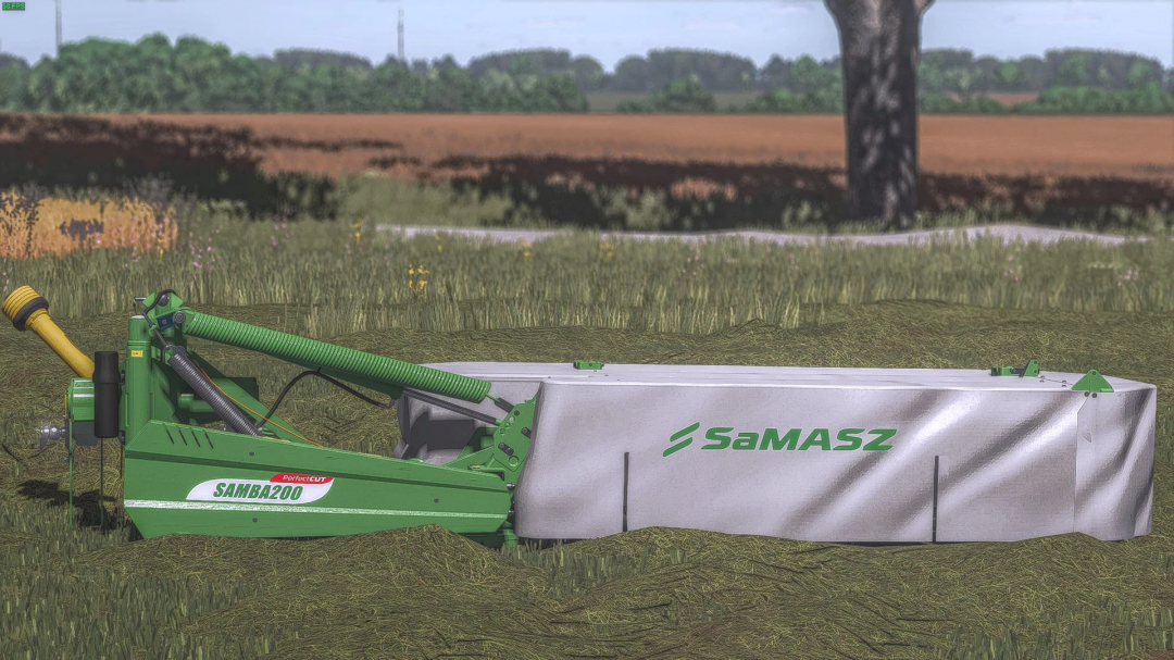 Farming Simulator 25 mod: Samasz Samba 200 v1.0.0.0 grass cutting equipment on a farm field.