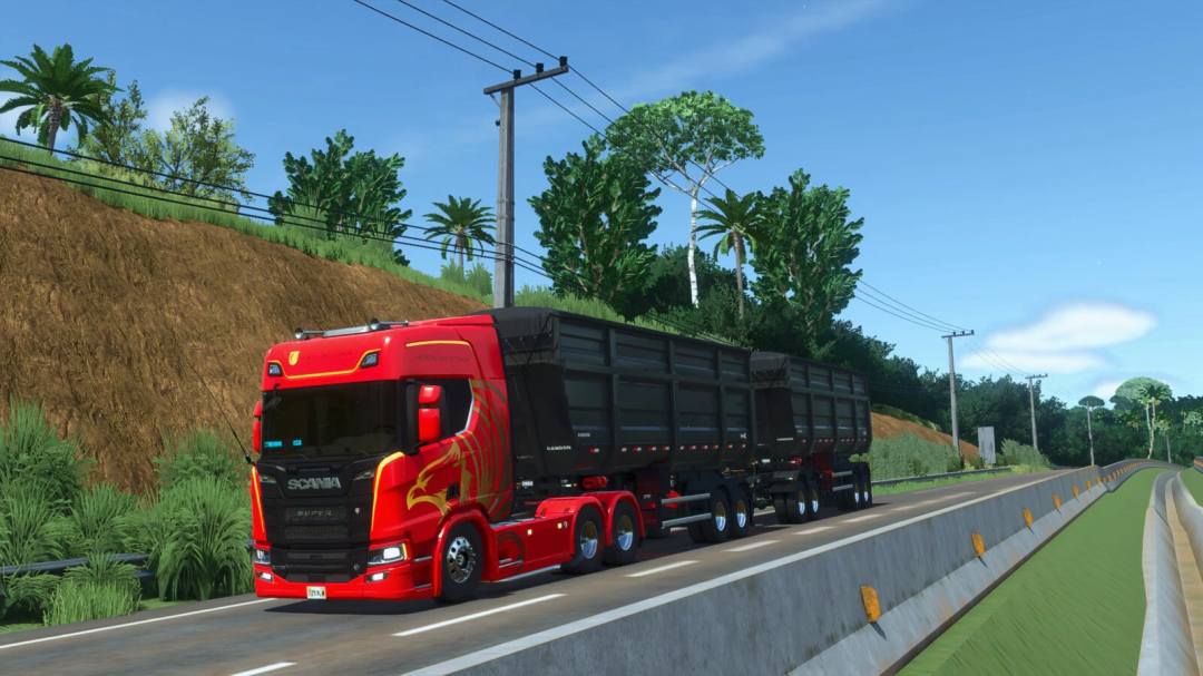 Farming Simulator 25 mod: Red Scania NTG South America v1.0.0.0 truck on the road with black trailers, ideal for Farming Simulator 25 mods.