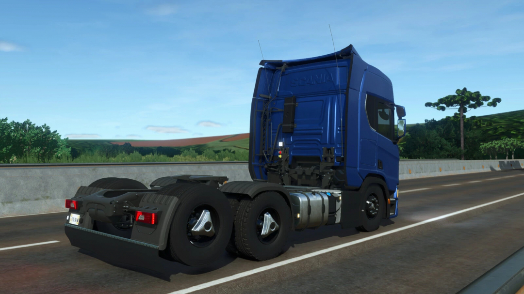 Farming Simulator 25 mods: Blue Scania NTG South America truck on highway, realistic design for FS25 mods.