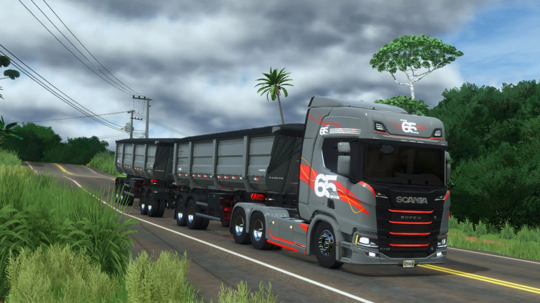 Farming Simulator 25 mod featuring a Scania NTG truck with a trailer, set in a rural landscape with cloudy sky, palm and lush green trees.