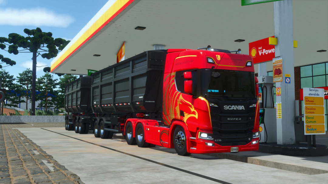 Scania NTG South America v1.0.0.0 mod truck at a Shell gas station, featured in Farming Simulator 25 mods.