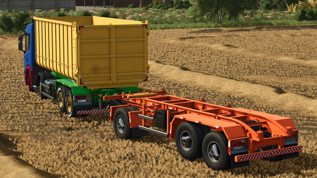 Farming Simulator 25 mod featuring a colorful Scania P 320/540 IT Runner truck with a flatbed trailer in a wheat field.