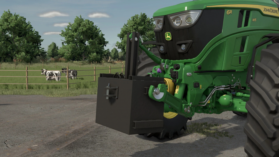 Farm Simulator 25 mod: John Deere 6R tractor with Selfmade Weight 850kg v1.0.0.0 attachment on a farm.
