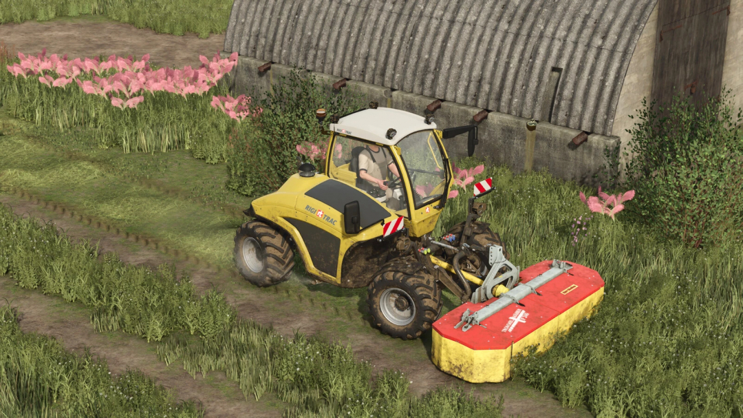 Farming Simulator 25 mod: Sepp Knusel F240 in use on a farm field, cutting grass with a mower attachment, surrounded by green vegetation.