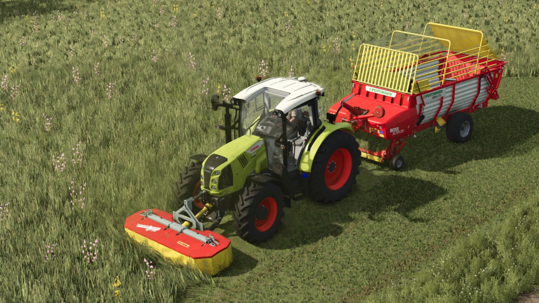 Farming Simulator 25 mod showing a Claas tractor with a Pöttinger foraging feeder, part of the Sepp Knusel F240 v1.0.0.0 mod pack.