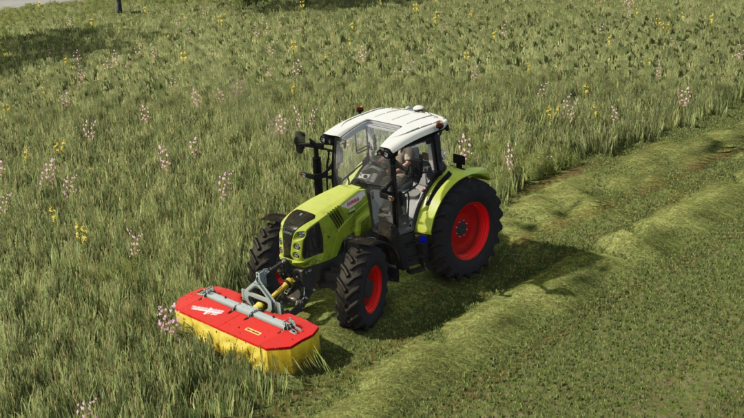 Farming Simulator 25 mod: CLAAS F240 tractor with mower attachment in a grassy field.