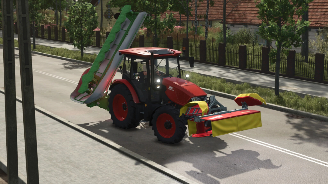 Farming Simulator 25 mod: Sepp Knusel F240 v1.0.0.0 tractor with specialized machinery on a suburban street.