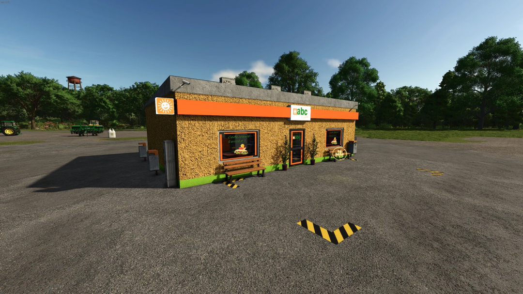 Farming Simulator 25 mod image showing the Shop ABC building with outdoor parking and surrounding farming equipment, part of FS25 mods.