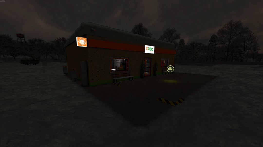 Nighttime view of the Shop ABC store in Farming Simulator 25 with illuminated signs, trees in the background, and parking area.