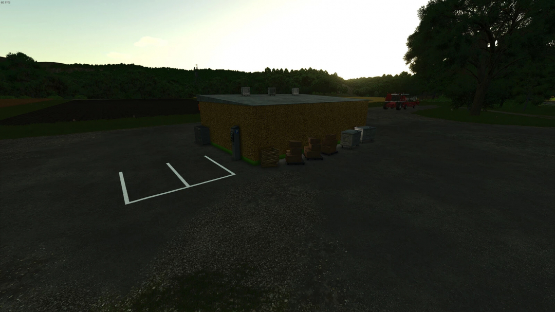 Farming Simulator 25 mod: Shop ABC v1.0.0.1 with parking, trash bins, and external electrical meter in a rural setting.