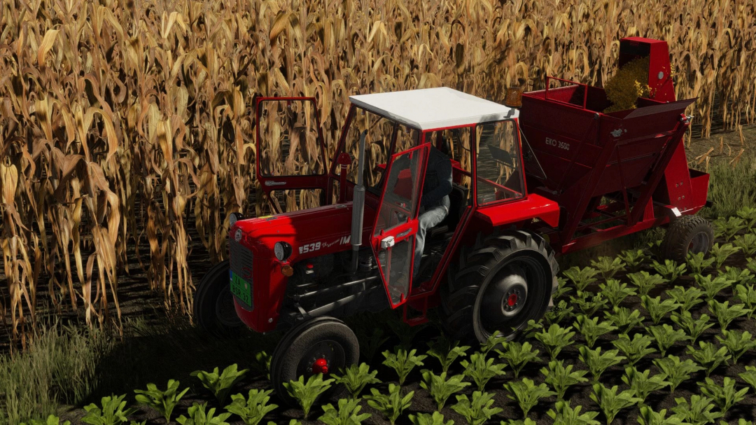 Farming Simulator 22 mod: Red Sip Sempeter Eko 3500 tractor with fertilizer hopper in a maize field.