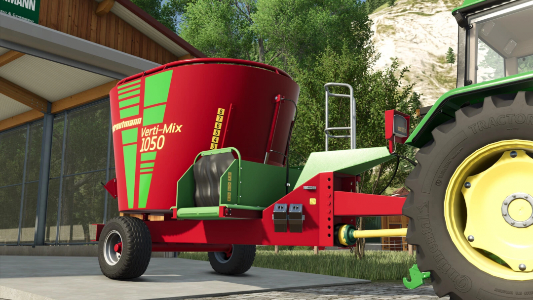Farming Simulator 25 mod: Strautmann Verti-Mix 1050 slurry mixer attached to a tractor, used for efficient manure mixing.