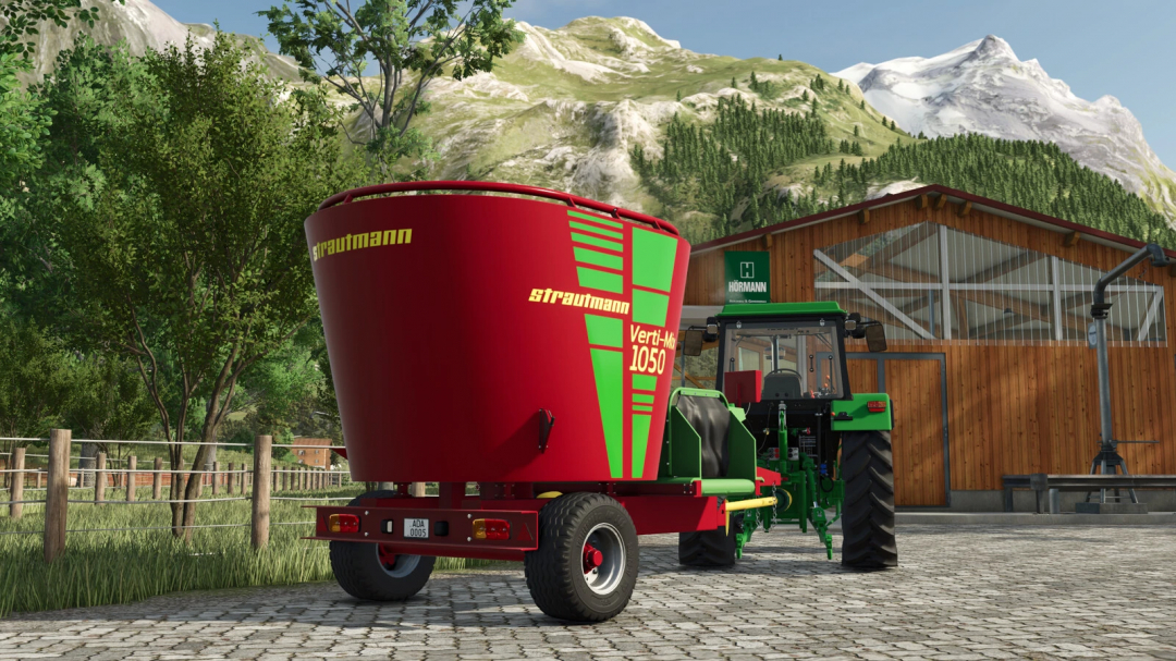 Farming Simulator 25 mod featuring Strautmann Verti-Mix 1050 on a farm with mountains in the background.