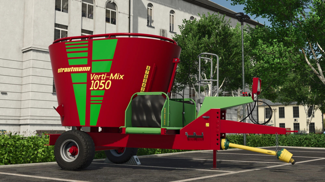 Farming Simulator 25 mod: Strautmann Verti-Mix 1050 silage mixer trailer with red and green design.