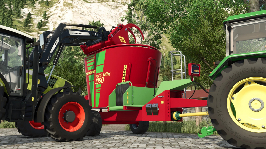 Farming Simulator 25 mod: Red and green straw blower attached to tractors with the FS25 Verti-Mix 1050 model.