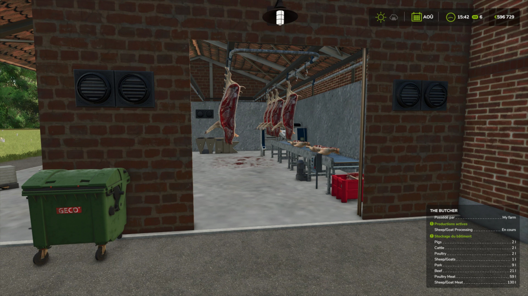 Farming Simulator 25 mods - The Butcher slaughterhouse with hanging meat and processing equipment inside a brick building, part of FS25 mods.