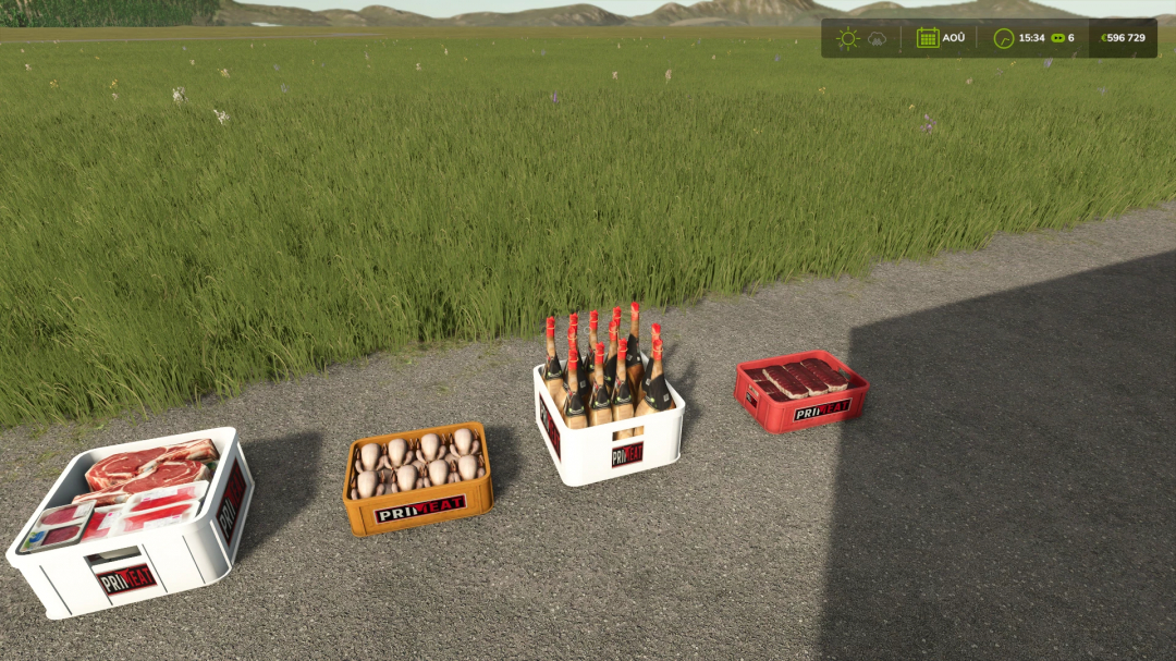 Farming Simulator 25 mod image showing crates of meat, chicken, and alcohol bottles on the roadside.
