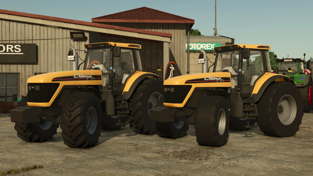 Two Challenger 160HP tractors from FS25 mods in Farming Simulator 25, parked in front of a farm building.