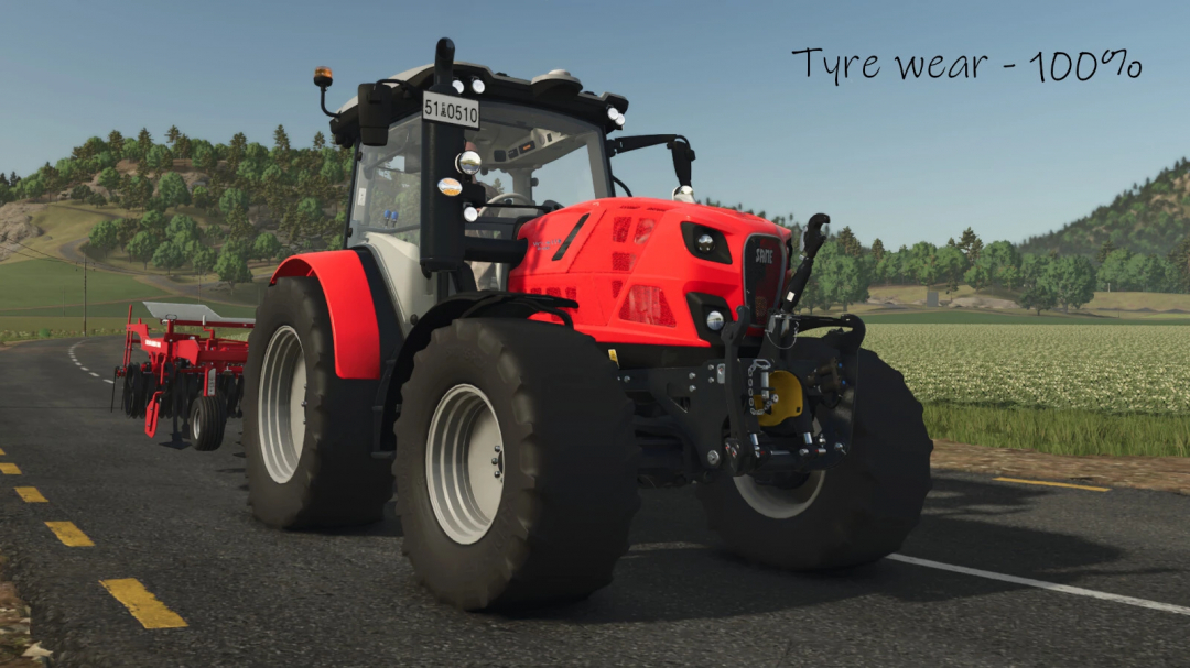Farming Simulator 25 mod 'Use Up Your Tyres v1.0.0.0' showing a tractor with 100% tyre wear, used in FS25 mods.