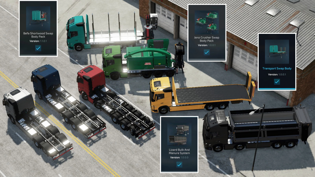 Screenshot of Farming Simulator 22 mods featuring various trucks and swap body mods, including Jenz Crusher Swap, Transport Swap Body, and Lizard Manure System.