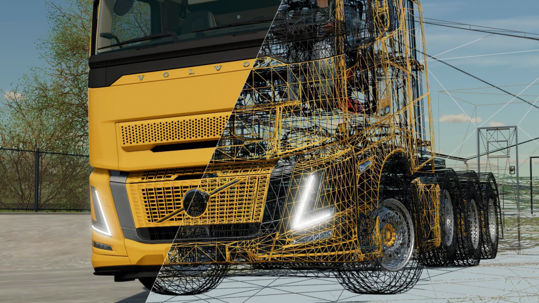 Farming Simulator 22 mods showcasing the Volvo FH16 truck with realistic and wireframe views, part of the FS22 mods collection.