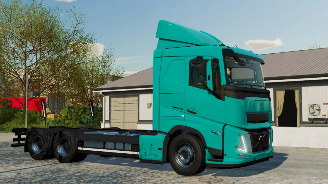 Farming Simulator 22 mod: Volvo FH16 V2.0.0.1 truck parked outside a building, in-game screenshot for FS22 mods.
