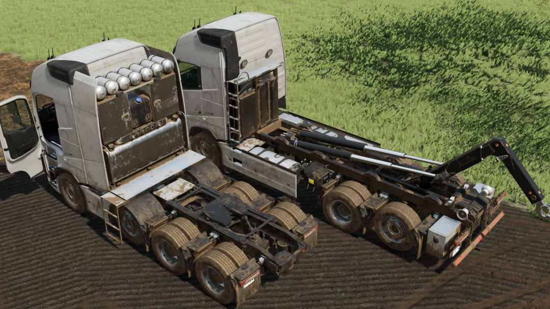 Farming Simulator 22 mod showcasing a white Volvo FH16 truck with a dismantled trailer for versatile farm transportation.