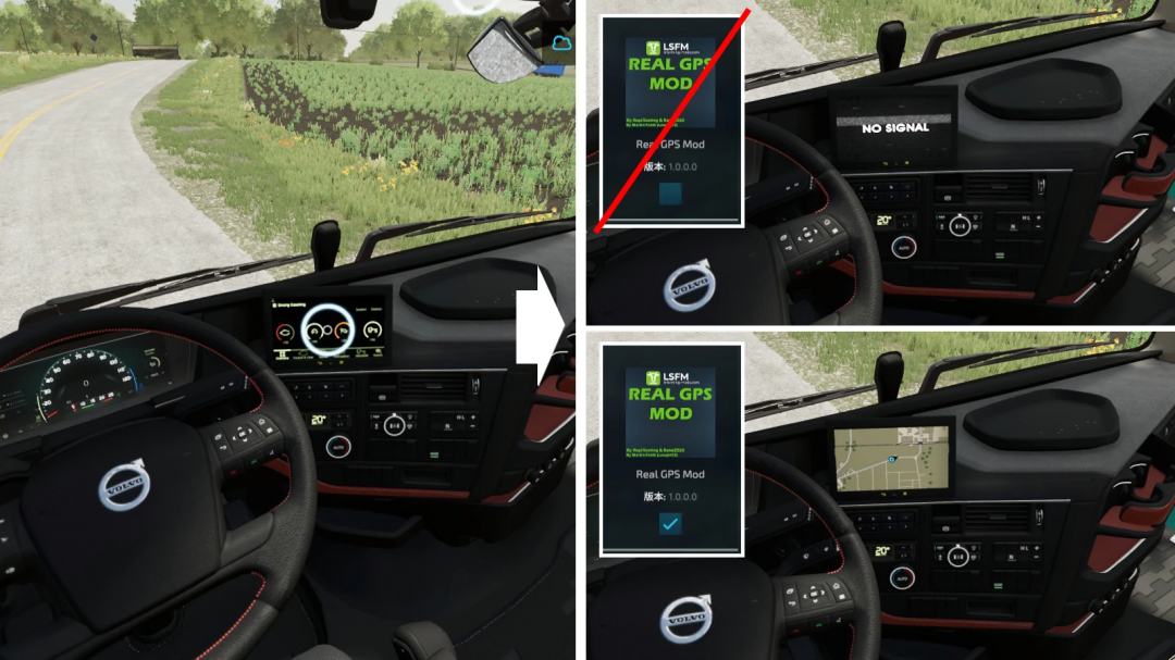 Interior of a Volvo truck in Farming Simulator 22, showcasing GPS mod screens and dashboard with a Volvo logo, related to FS22 mods.