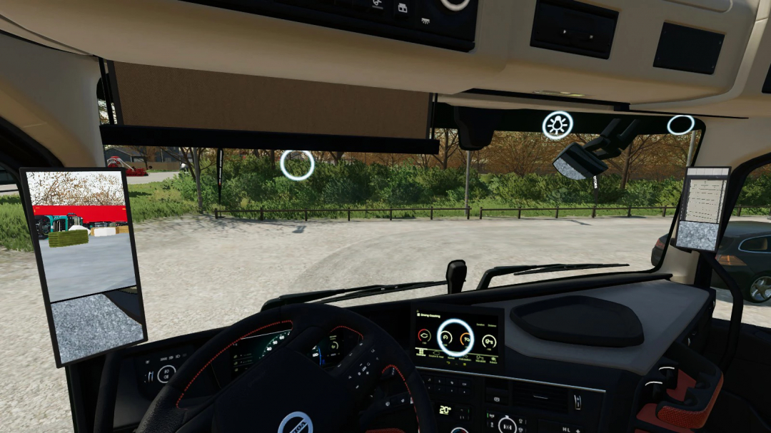 Interior view of a truck cabin with multiple screens, used in Farming Simulator 22 mod for Volvo FH16 V2.0.0.1, featuring realistic dashboard and mirrors.