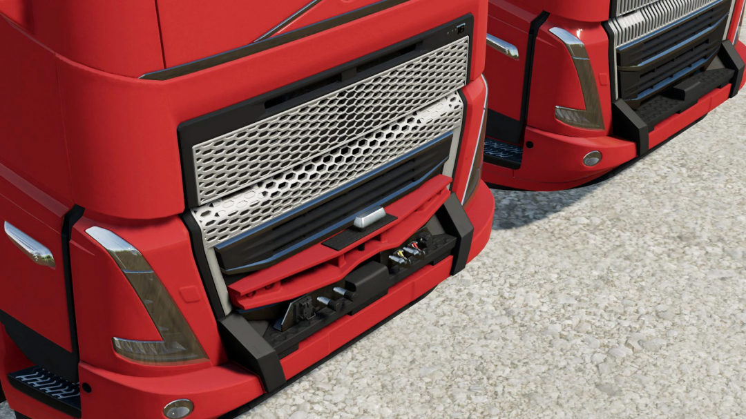 Close-up of a red truck front in Farming Simulator 22 with detailed grille and bumper, part of FS22 mods, VOLVO FH16 V2.0.0.1.