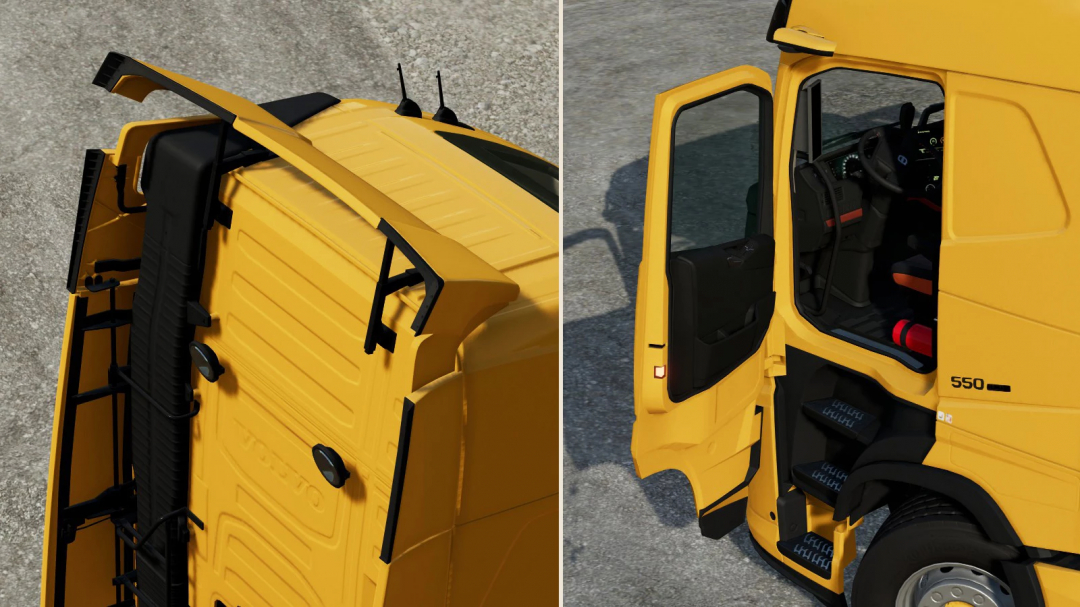 Farming Simulator 22 mod: yellow Volvo FH16 truck interior and exterior views, detailed model from FS22 mods.