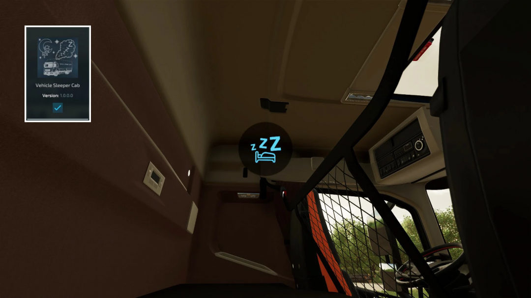 Inside a truck cabin from Farming Simulator 22, showing a Snooze icon, vehicle sleeper cab mod, and a digital interface.