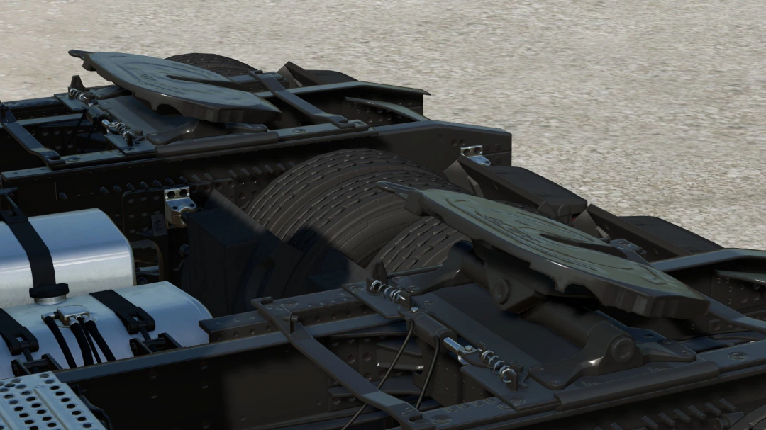 Close-up of a detailed truck chassis from the FS22 mods, featuring suspension and hydraulic components, for Farming Simulator 22.