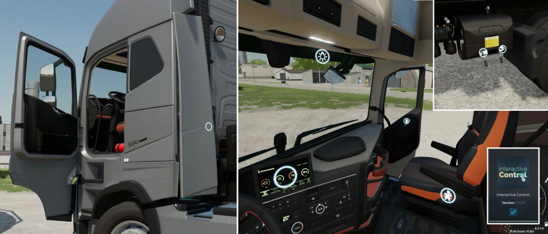 Farming Simulator 22 mod showcasing the Volvo FH16 truck interior, control systems, and dashboard details from the FS22 mods collection.