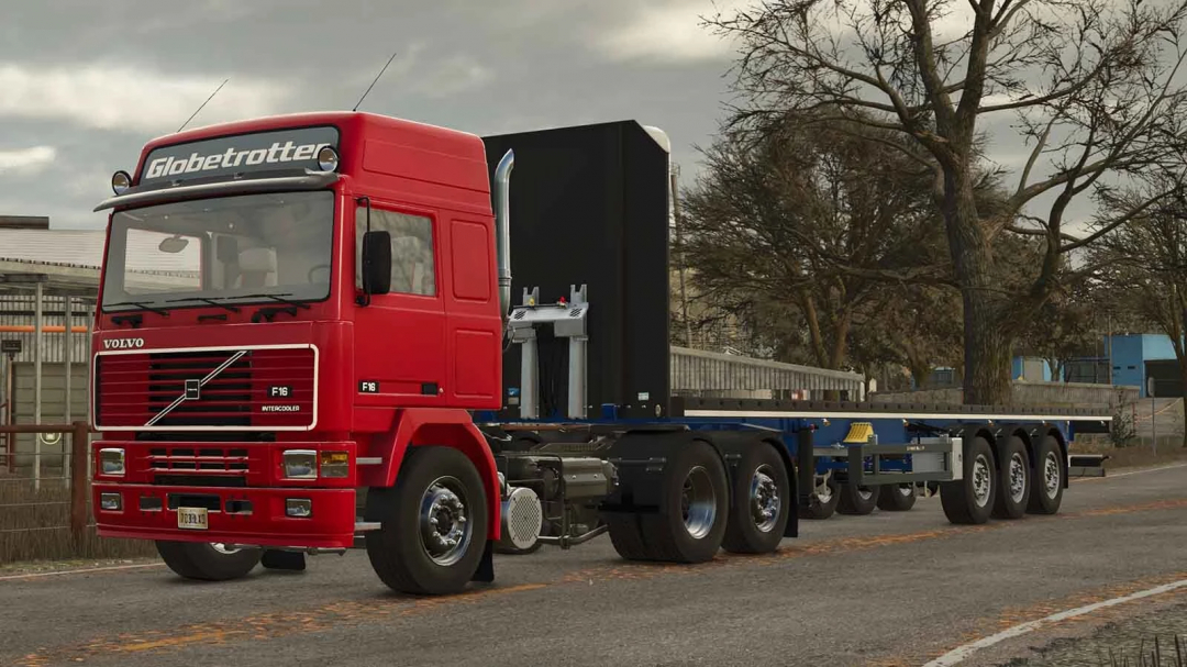 Red Volvo F16 truck mod from Farming Simulator 25, with a flatbed trailer and Intercooler logo, part of FS25 mods collection.
