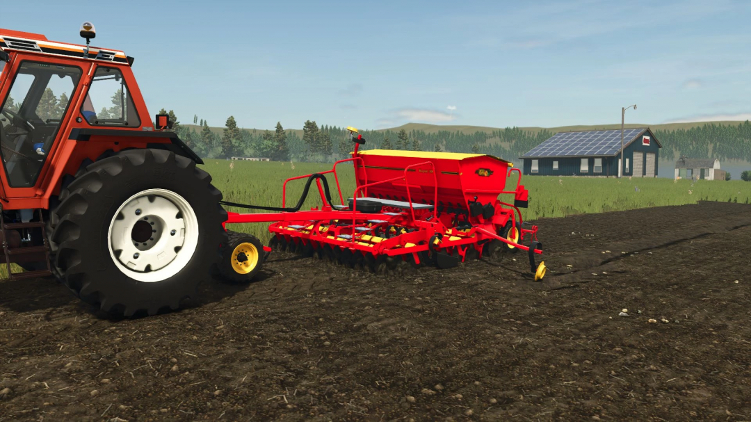 Farming Simulator 25 mod: Tractor with Väderstad Rapid 300C seed drill working on farmland.