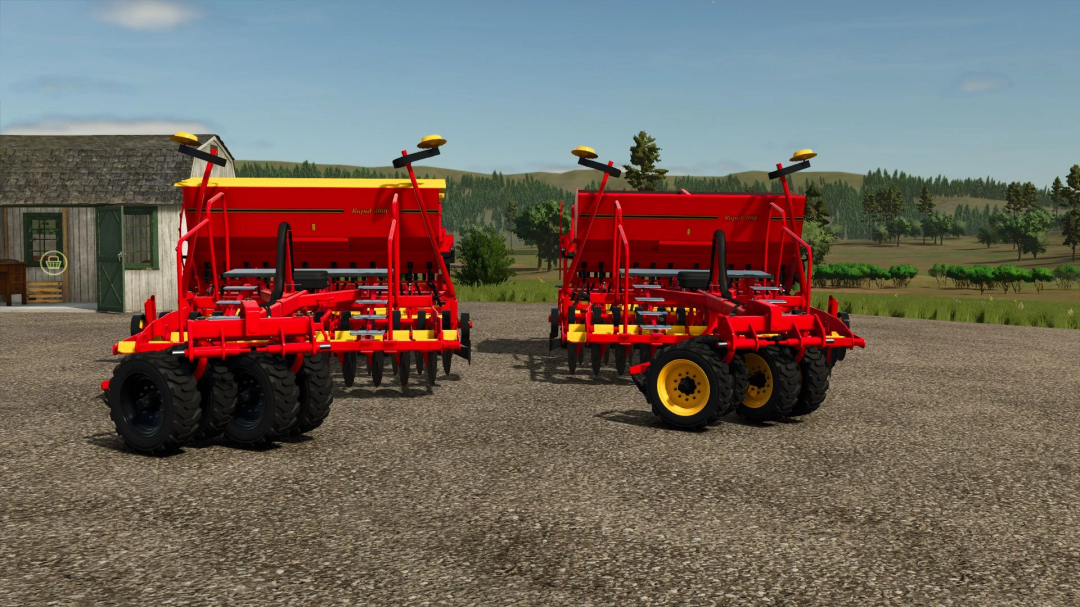 Two red Väderstad Rapid 300C seeders from FS25 mods on a farm with a barn and scenic fields in Farming Simulator 25.
