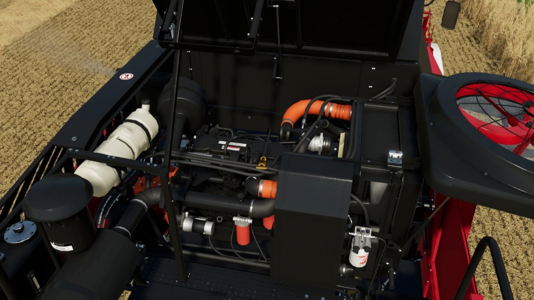 Close-up of the engine and cooling system in the Vector 420 mod for Farming Simulator 22, showing detailed engine components and hoses.