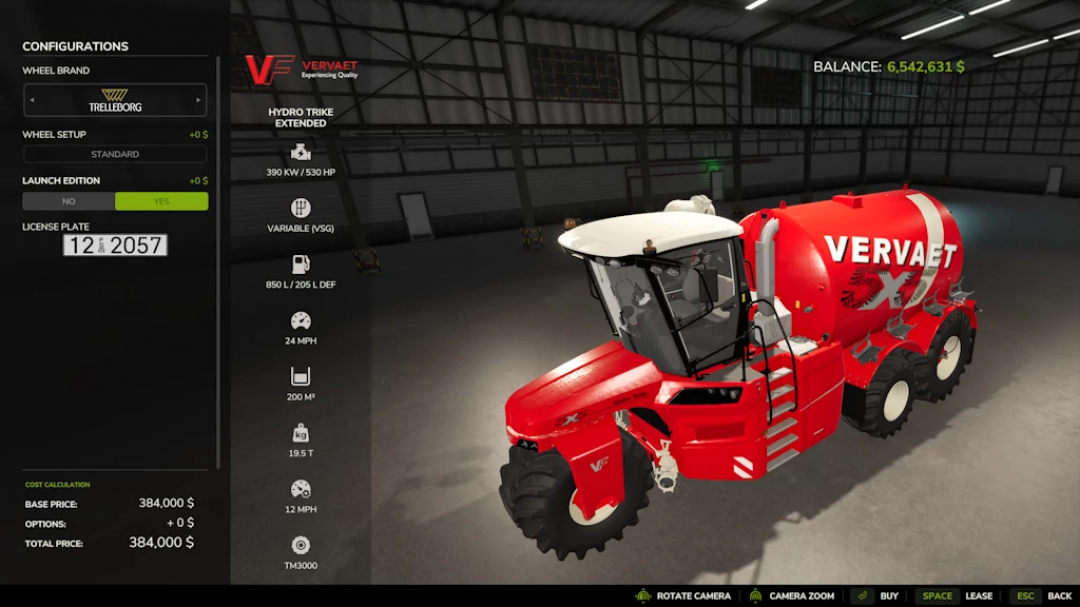 Farming Simulator 25 mod Vervaet Hydro Trike Extended 1.1.0.0 in the game, showing detailed configuration options and in-game currency.