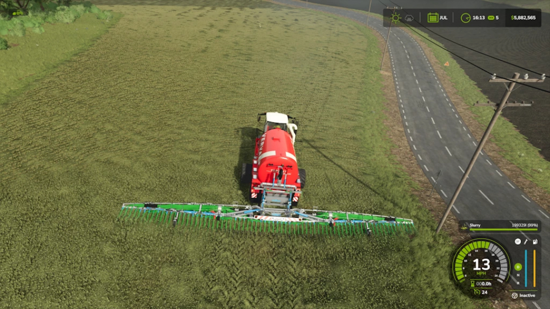 Farming Simulator 25 mod: Vervaet Hydro Trike Extended 1.1.0.0 equipped for fieldwork with a green and red liquid tank and wide mower attachment.