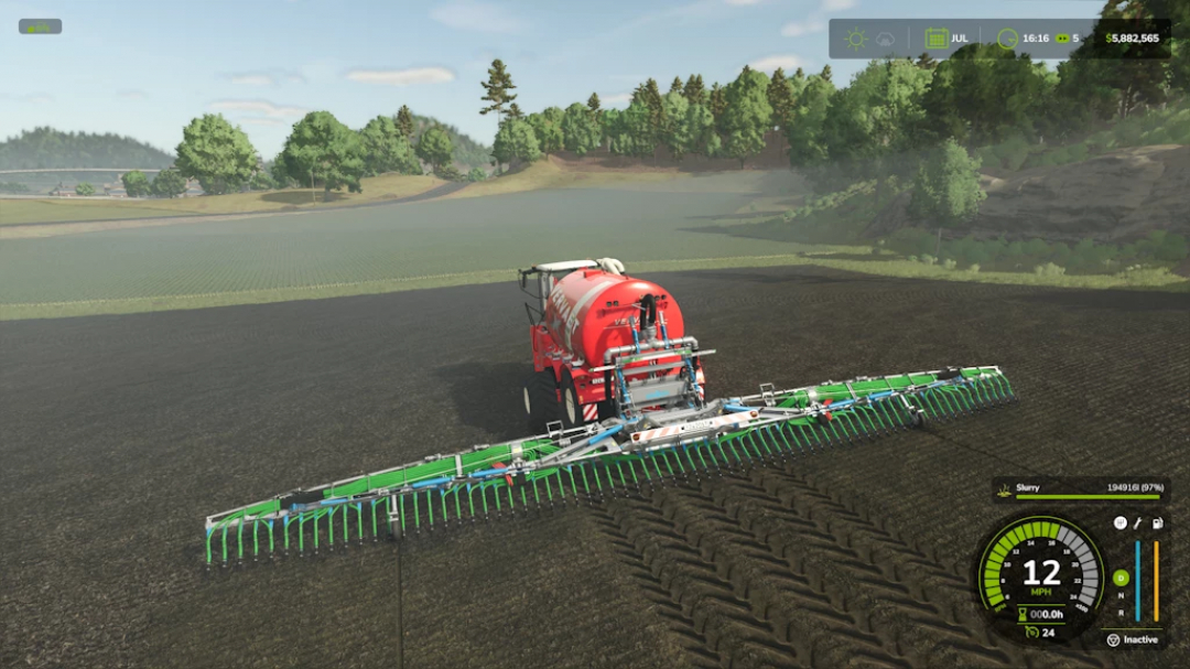 Farming Simulator 25 mod: Vervaet Hydro Trike Extended 1.1.0.0, a large red liquid tanker pulling a green agricultural implement over tillage soil.