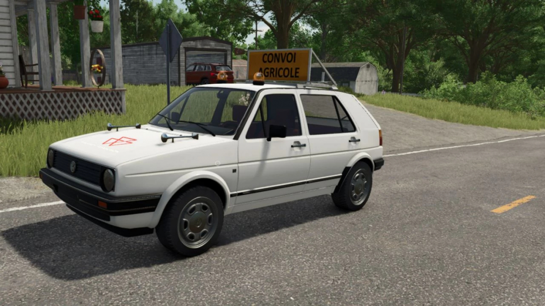Farming Simulator 25 mod featuring a Volkswagen Golf II GL Edit v1.0.0.0 with agricultural convoy sign on a rural road.