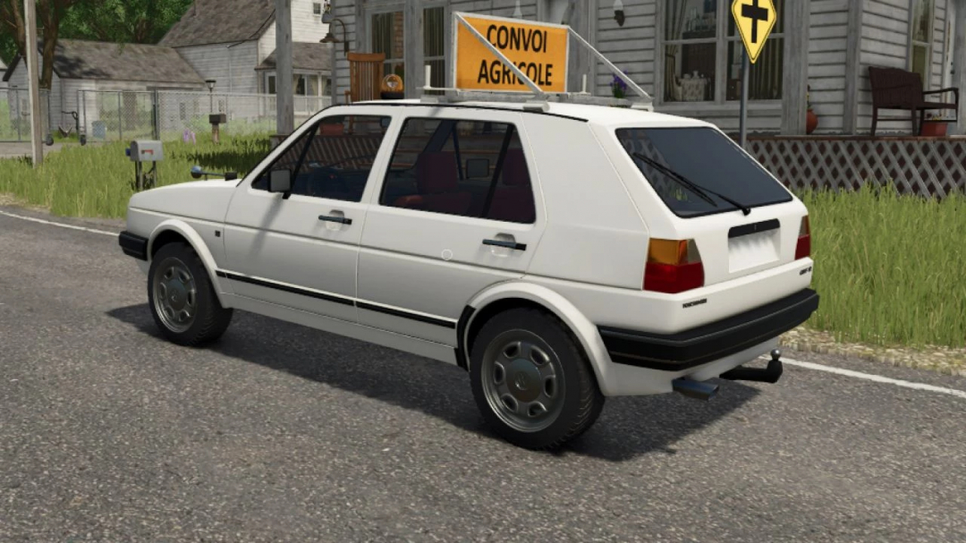 Farming Simulator 25 mod: Volkswagen Golf II GL Edit in-game vehicle on rural road, part of FS25 mods collection.