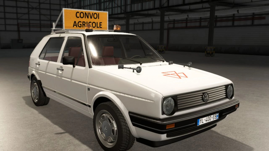 Volkswagen Golf II GL Edit v1.2.0.0 mod in Farming Simulator 25, with signage 'Convoi Agricole', classic white design, in-game screenshot.