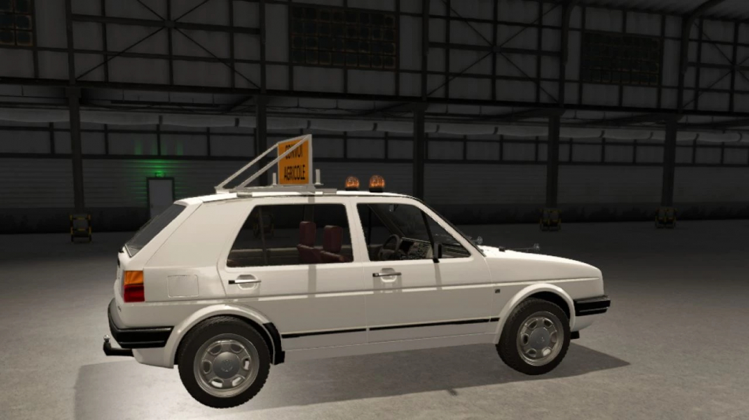 Volkswagen Golf II GL Edit mod from Farming Simulator 25, an in-game car mod with a white exterior, inside an industrial warehouse setting.